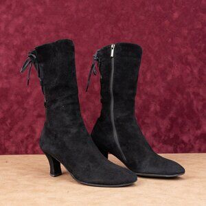 Thierry Raboutin Women Black Suede Back Lace Mid Calf Zip Boots sz 6.5US EUR37.5